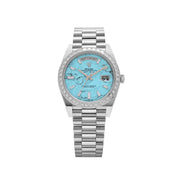 Rolex Day-Date 40 228396TBR Platinum Turquoise Stone Diamond Baguette Dial and Bezel