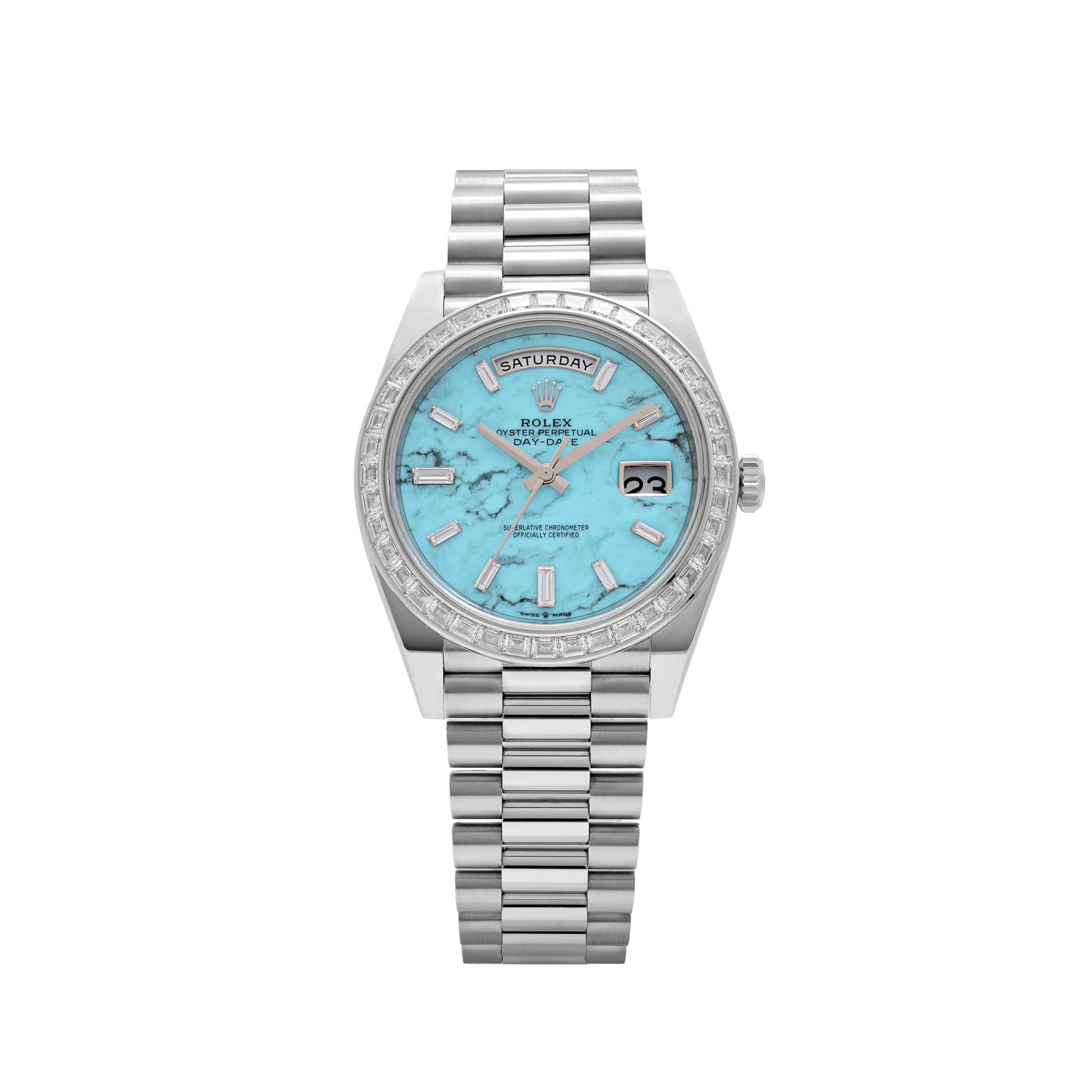 Rolex Day-Date 40 228396TBR Platinum Turquoise Stone Diamond Baguette Dial and Bezel