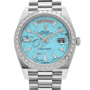 Rolex Day-Date 40 228396TBR Platinum Turquoise Stone Diamond Baguette Dial and Bezel