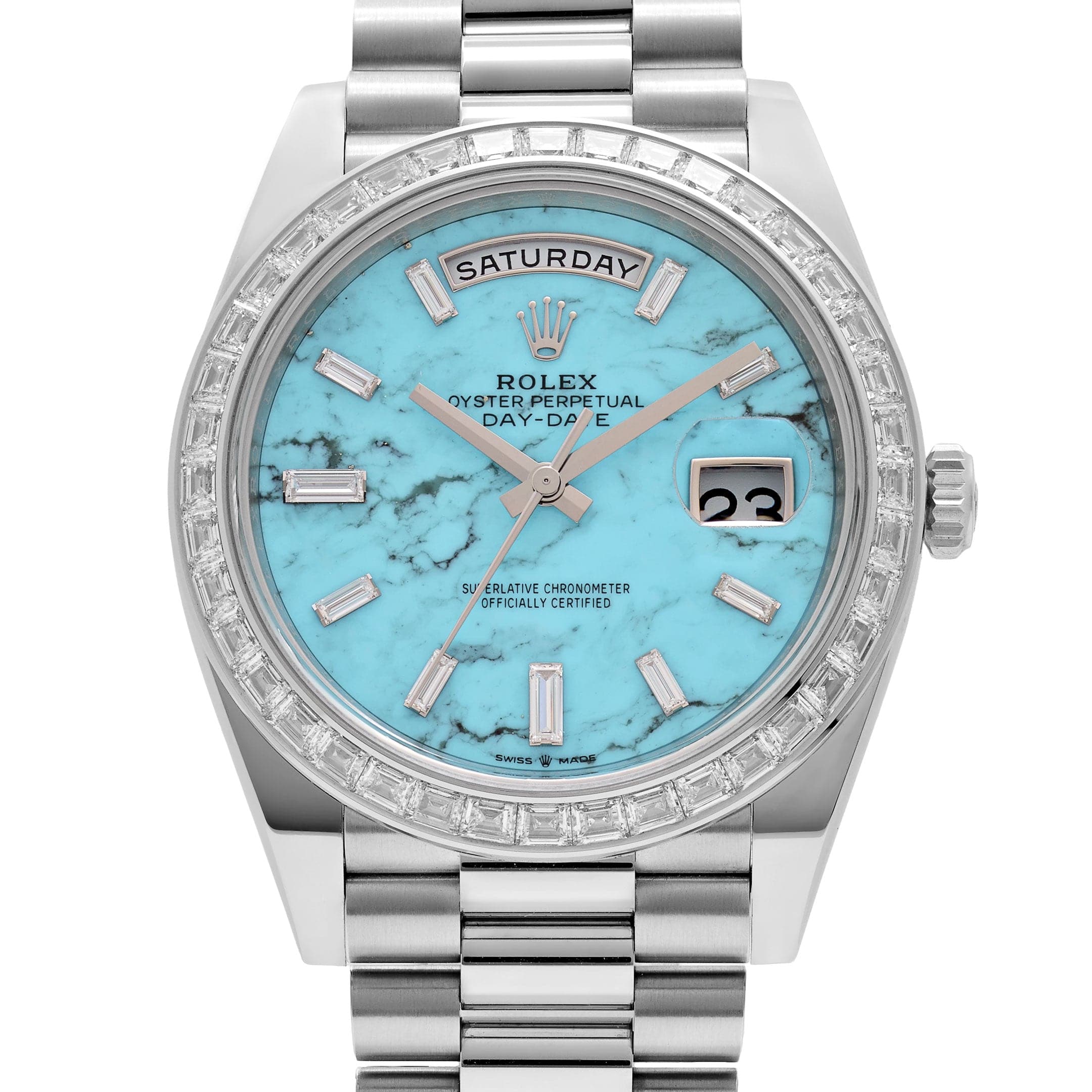 Rolex Day-Date 40 228396TBR Platinum Turquoise Stone Diamond Baguette Dial and Bezel
