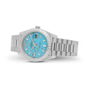Rolex Day-Date 40 228396TBR Platinum Turquoise Stone Diamond Baguette Dial and Bezel