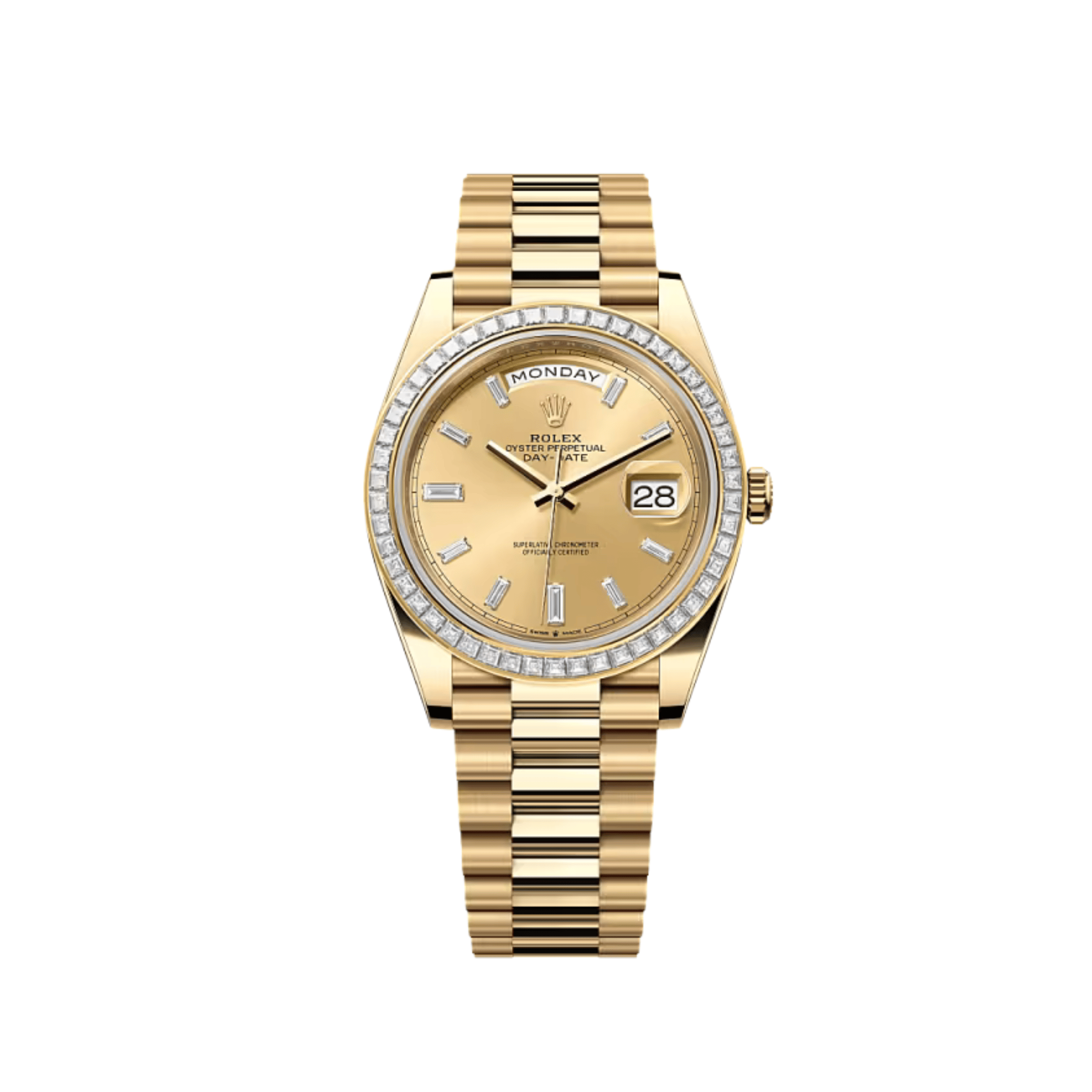 Rolex Day-Date 40 228398TBR Yellow Gold Champagne Diamond Baguette Dial Diamond Baguette Bezel (2020)