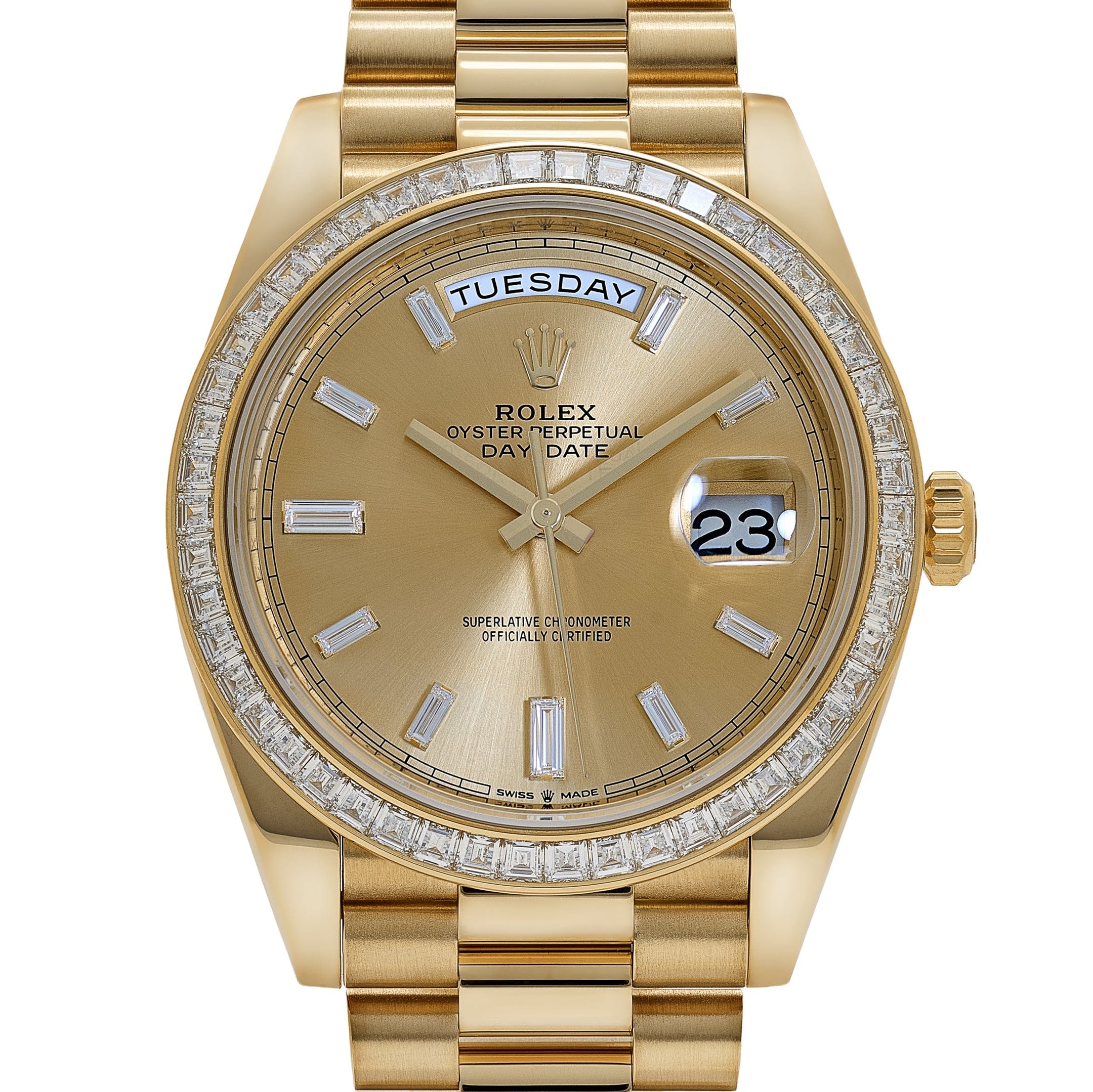 Rolex Day-Date 40 228398TBR Yellow Gold Champagne Diamond Baguette Dial Diamond Baguette Bezel (2020)