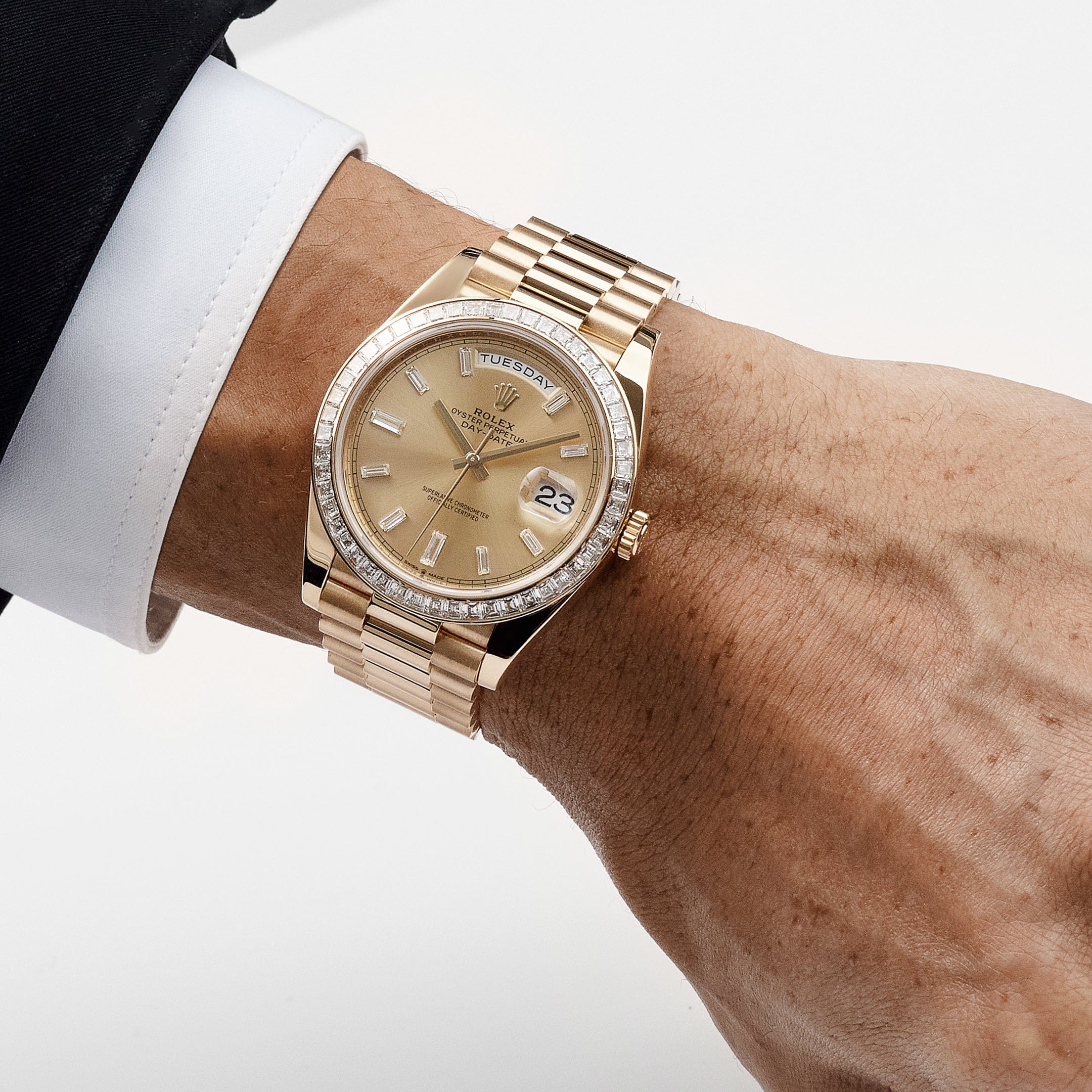 Rolex Day-Date 40 228398TBR Yellow Gold Champagne Diamond Baguette Dial and Bezel (2020)