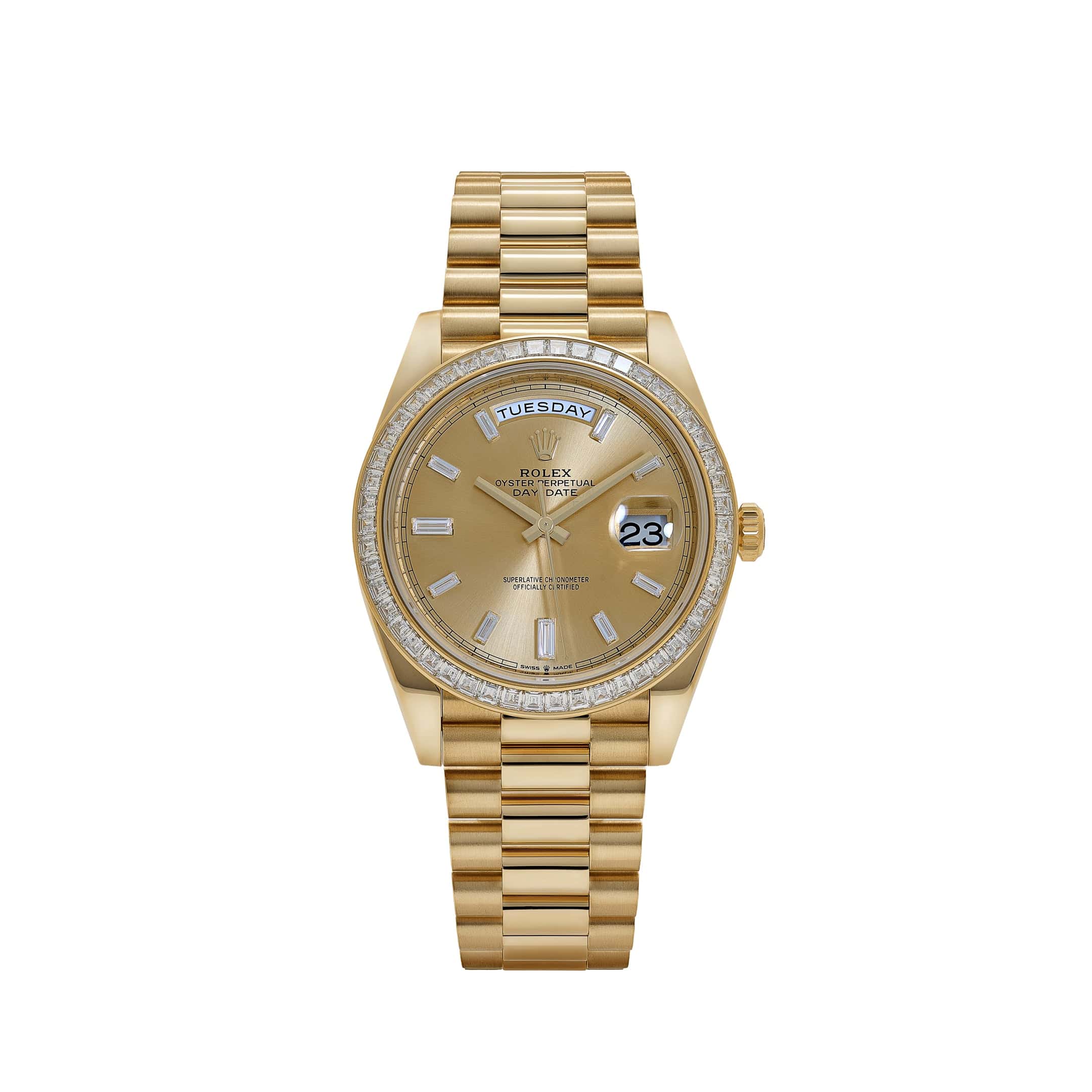 Rolex Day-Date 40 228398TBR Yellow Gold Champagne Diamond Baguette Dial and Bezel (2020)