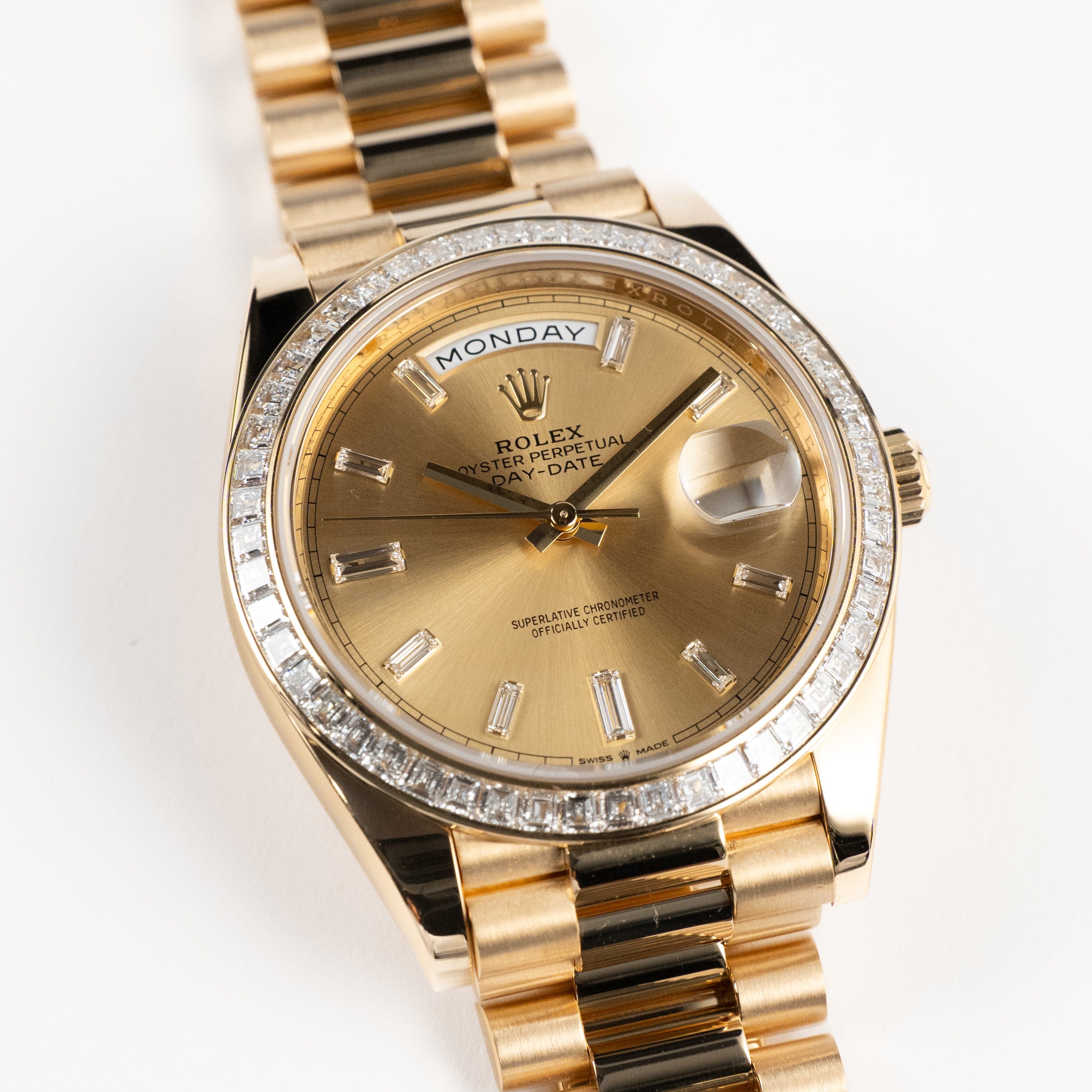 Rolex Day-Date 40 228398TBR Yellow Gold Champagne Diamond Baguette Dial Diamond Baguette Bezel (2020)
