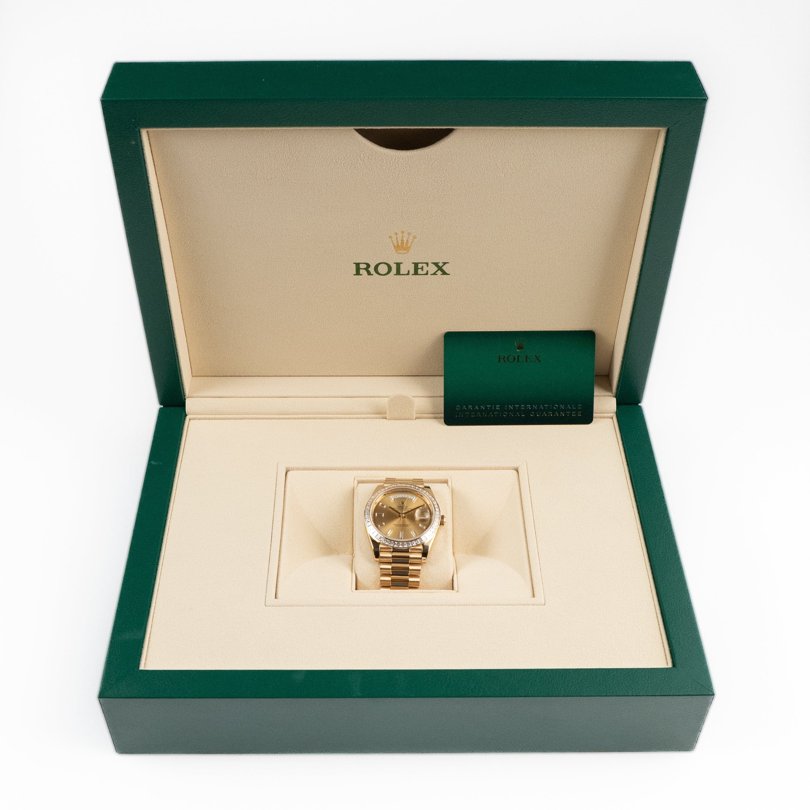 Rolex Day-Date 40 228398TBR Yellow Gold Champagne Diamond Baguette Dial Diamond Baguette Bezel (2020)