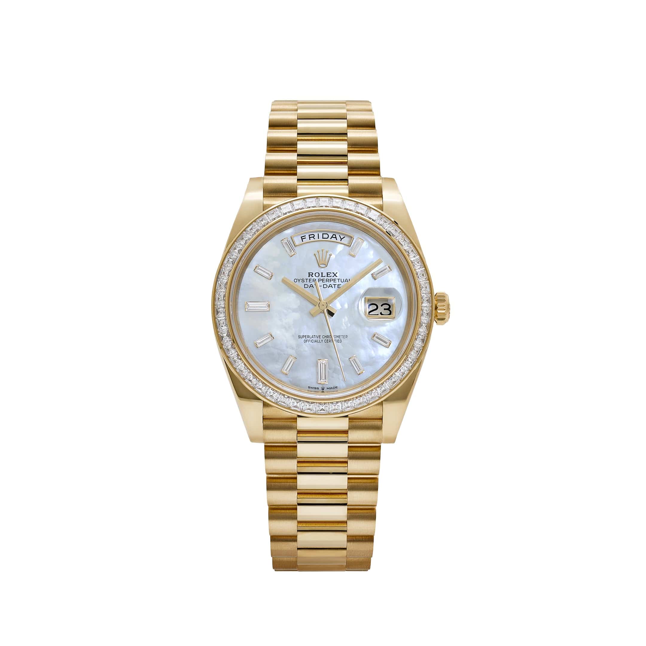 Rolex Day-Date 40 228398TBR Yellow Gold Mother of Pearl Diamond Baguette Dial and Bezel (2025)