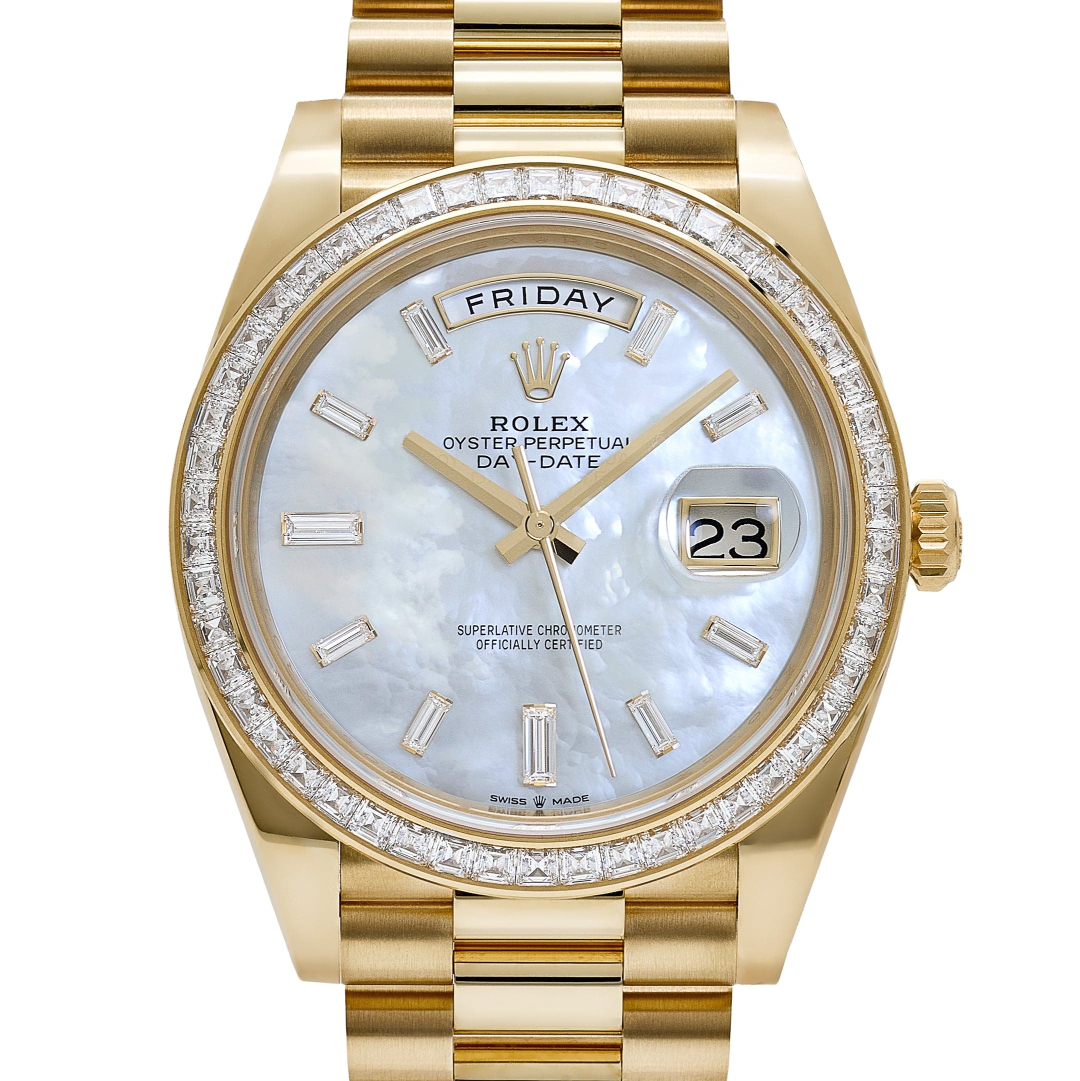 Rolex Day-Date 40 228398TBR Yellow Gold Mother of Pearl Diamond Baguette Dial and Bezel (2025)