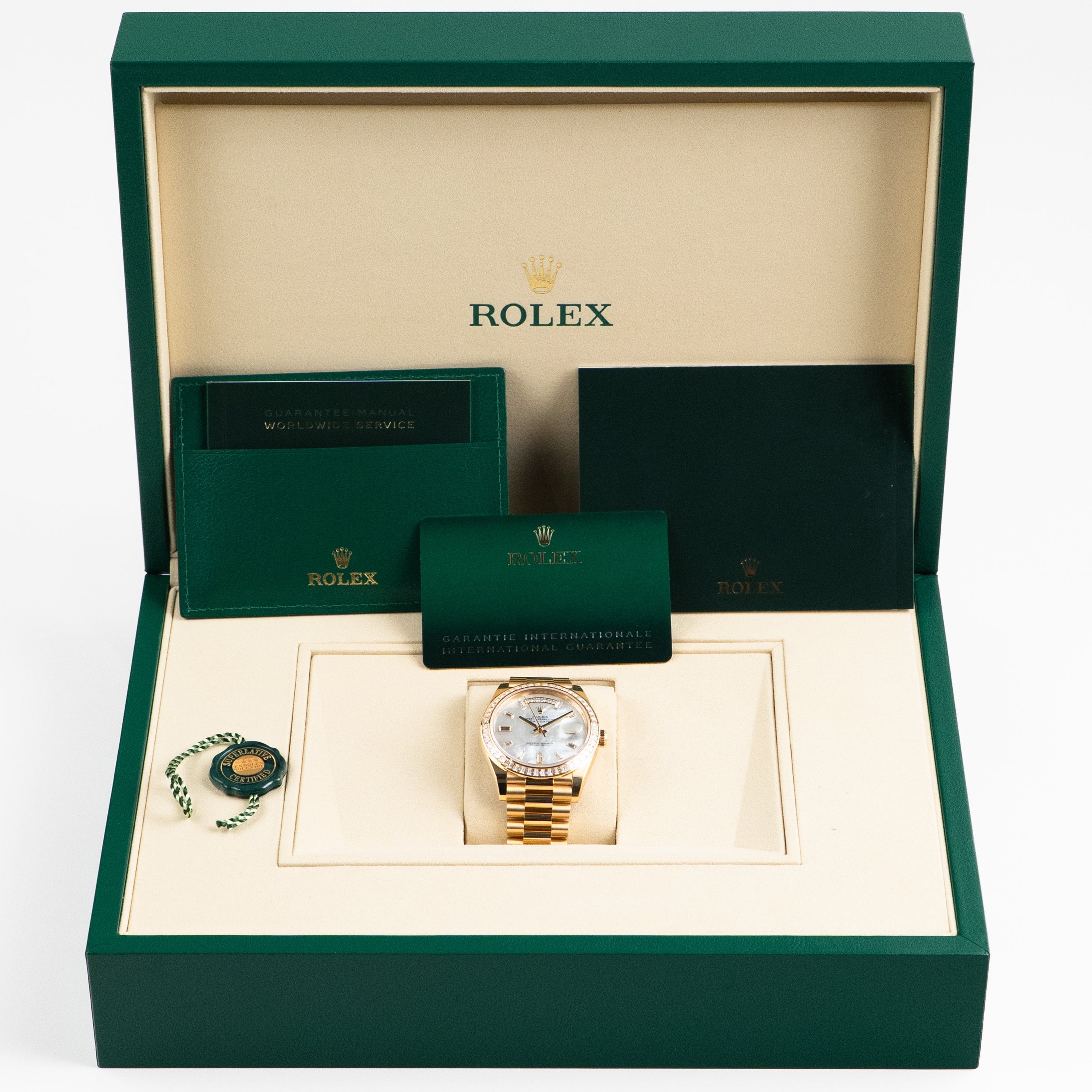 Rolex Day-Date 40 228398TBR Yellow Gold Mother of Pearl Diamond Baguette Dial and Bezel (2025)