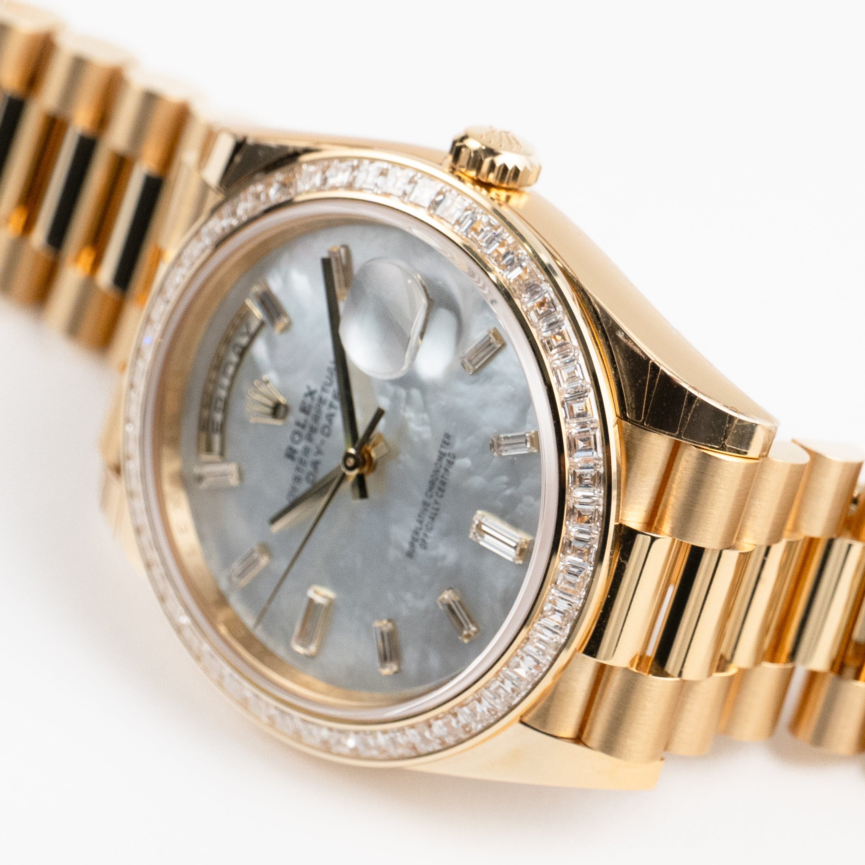 Rolex Day-Date 40 228398TBR Yellow Gold Mother of Pearl Diamond Baguette Dial and Bezel (2025)