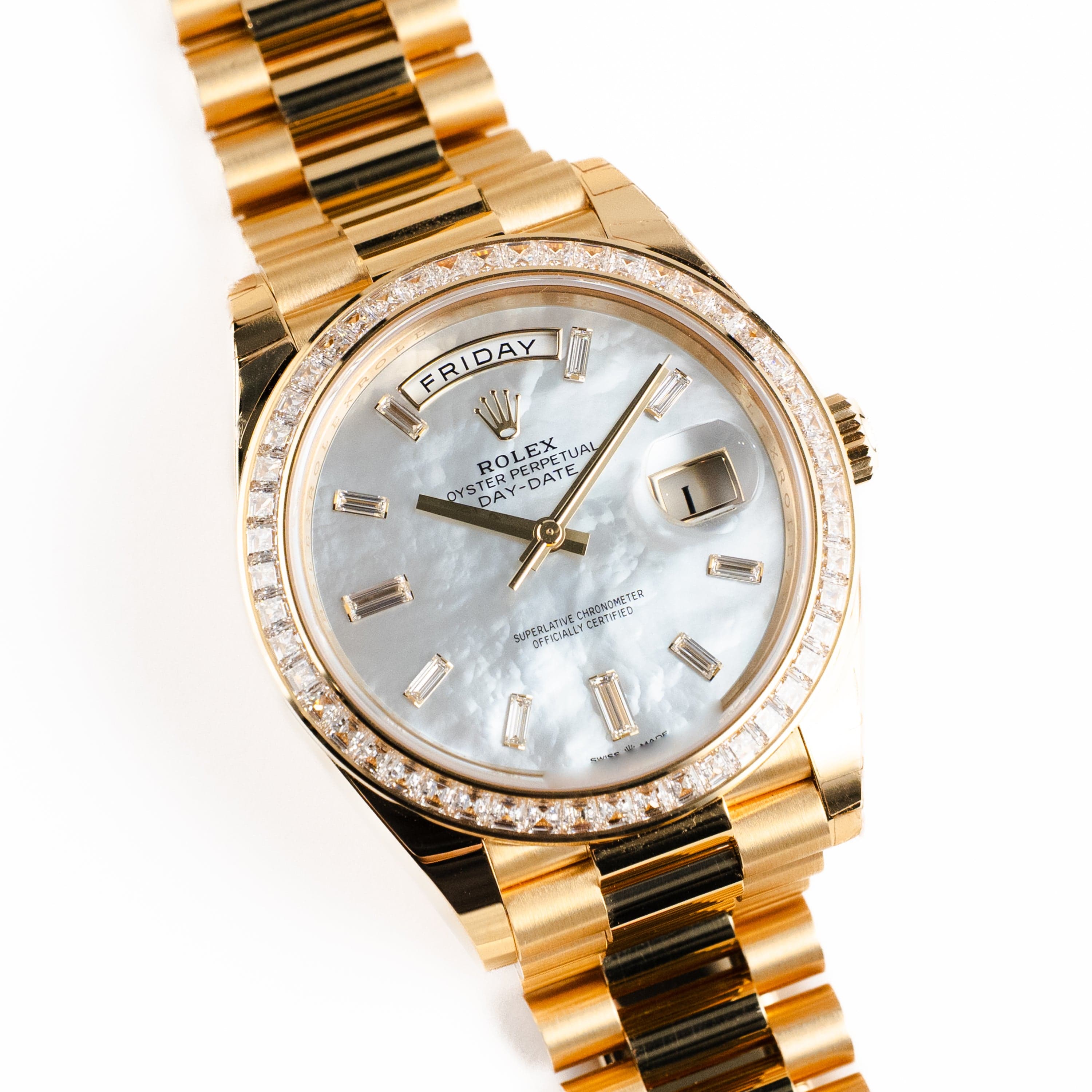 Rolex Day-Date 40 228398TBR Yellow Gold Mother of Pearl Diamond Baguette Dial and Bezel (2025)