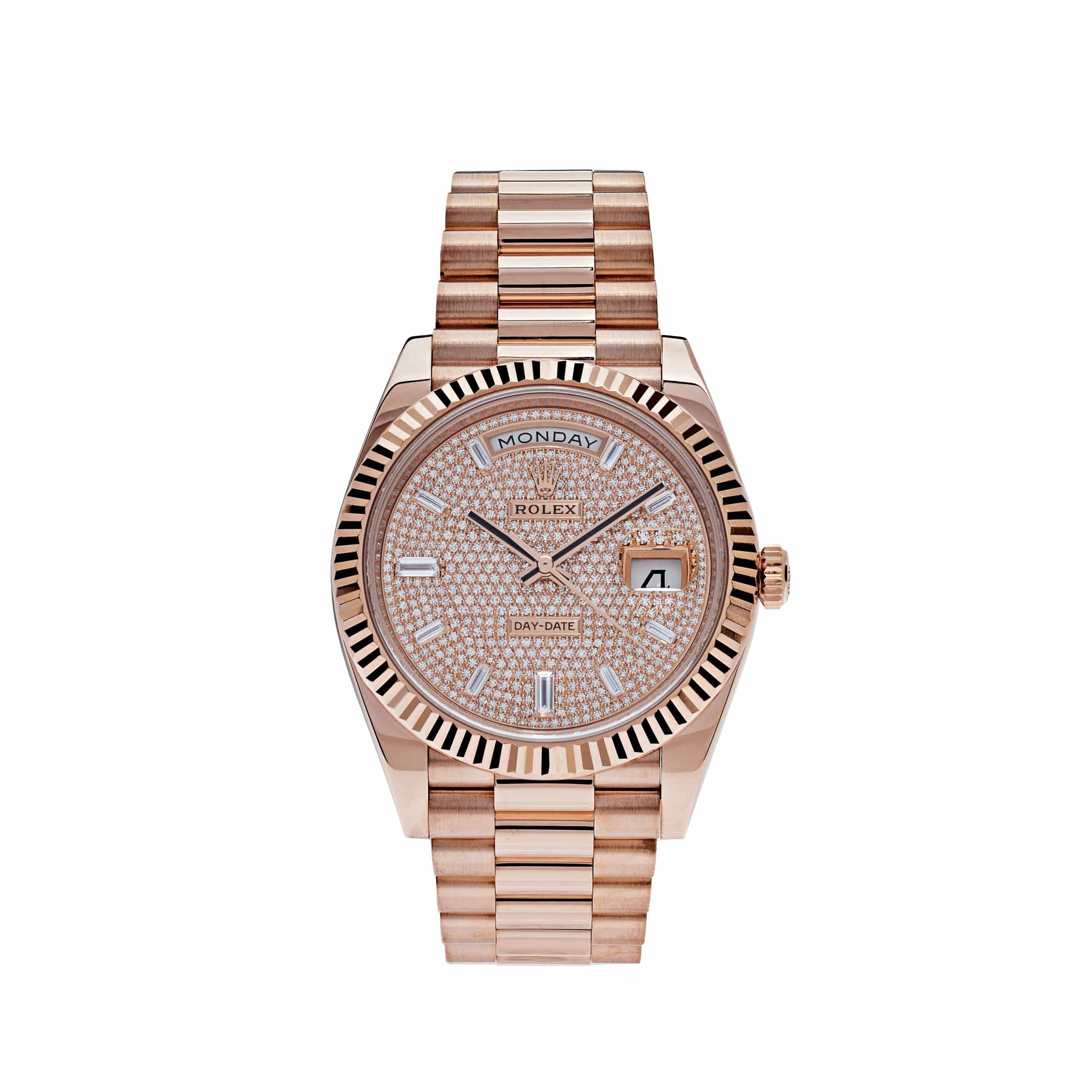 Luxury Watch Rolex Day-Date 40 Rose Gold Baguette Diamond Paved Dial 228235 Wrist Aficionado