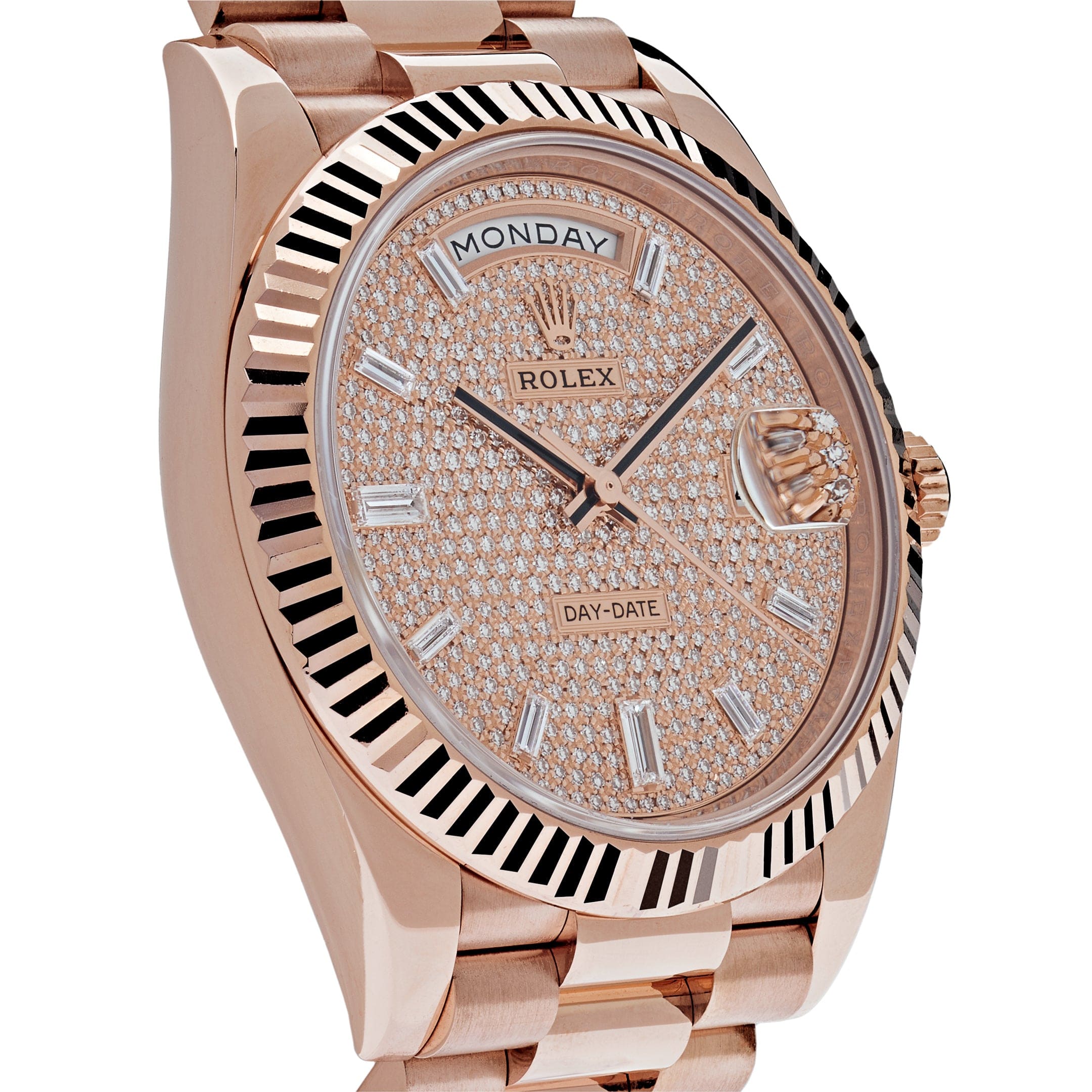 Luxury Watch Rolex Day-Date 40 Rose Gold Baguette Diamond Paved Dial 228235 Wrist Aficionado