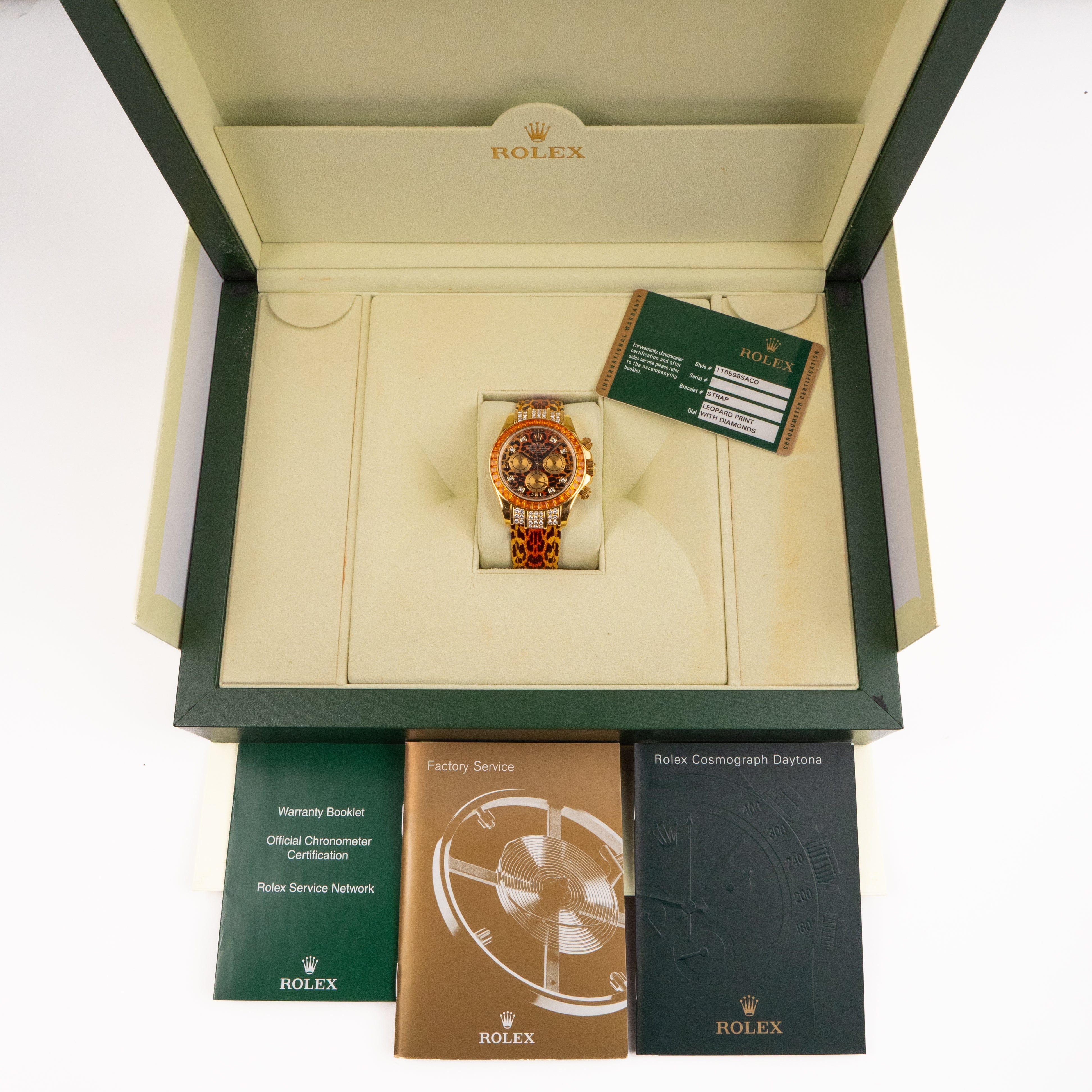 Rolex Daytona 116598SACO Yellow Gold 'Leopard' Diamond Dial Cognac Sapphire Bezel (2008)