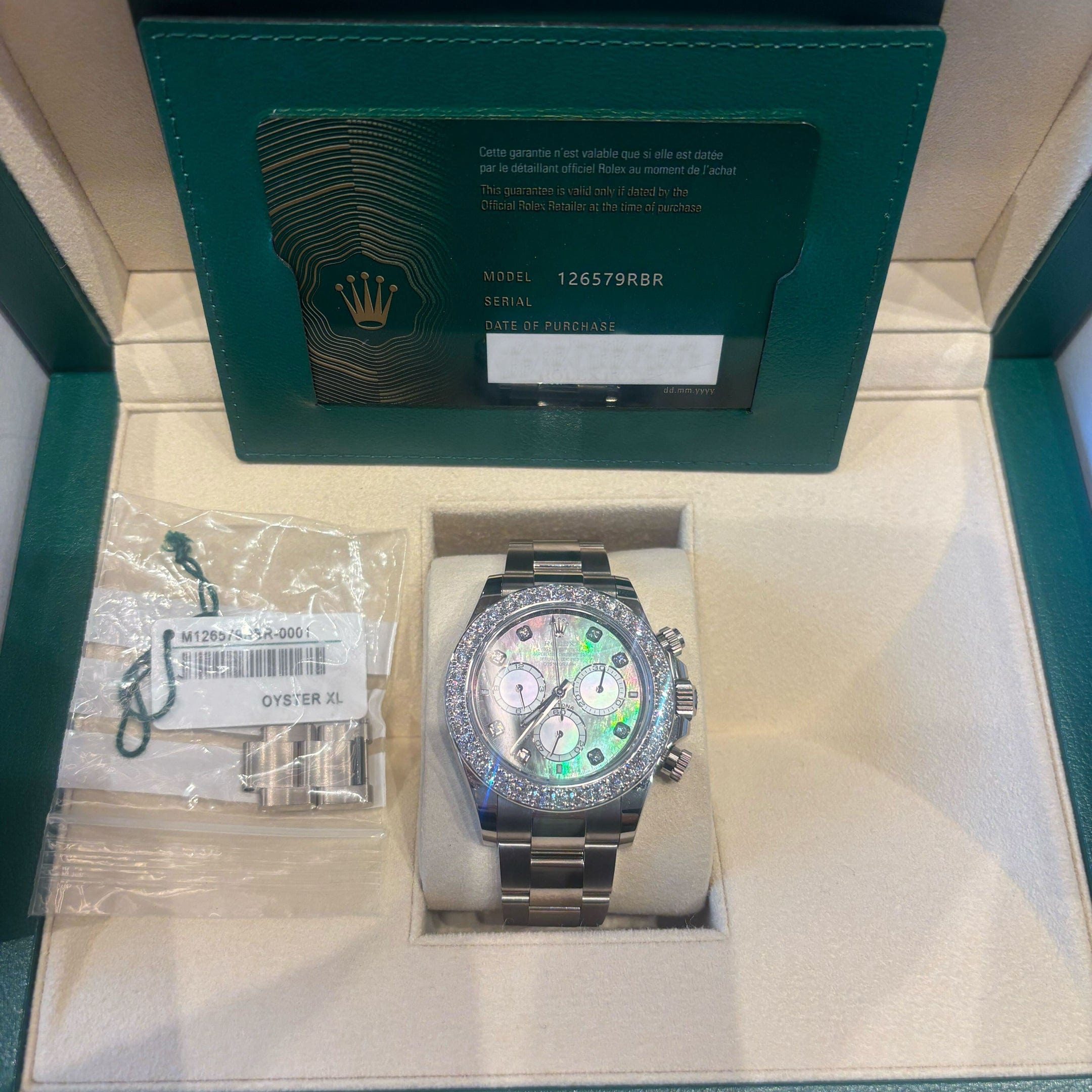 Rolex Daytona 126579RBR White Gold Mother of Pearl Diamond Dial Diamond Bezel (2024)