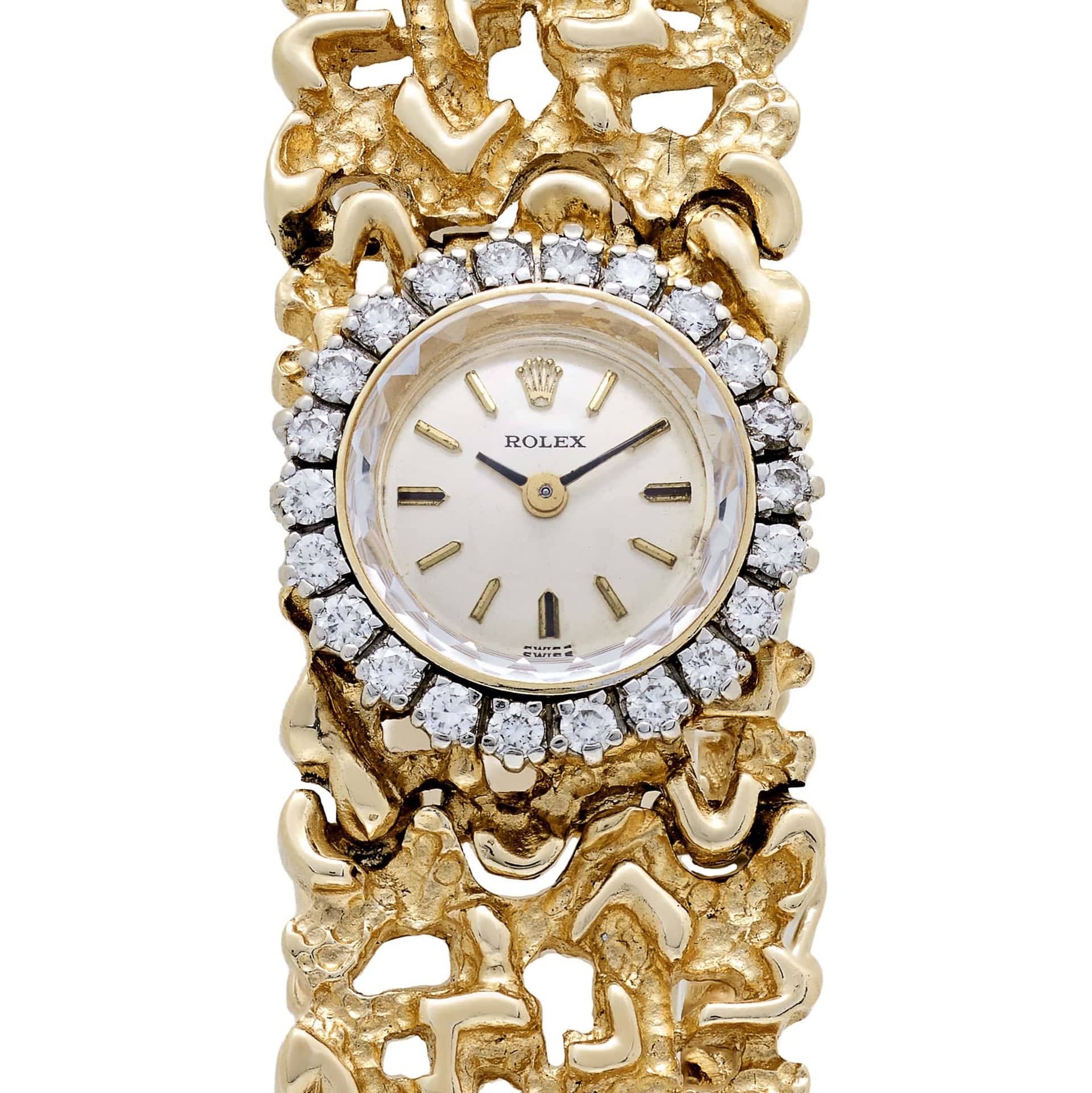 Rolex 'Ladies' Vintage Cocktail Watch 8300 Yellow Gold Champagne Dial Diamond Bezel Nugget Filigree Style Mesh Bracelet