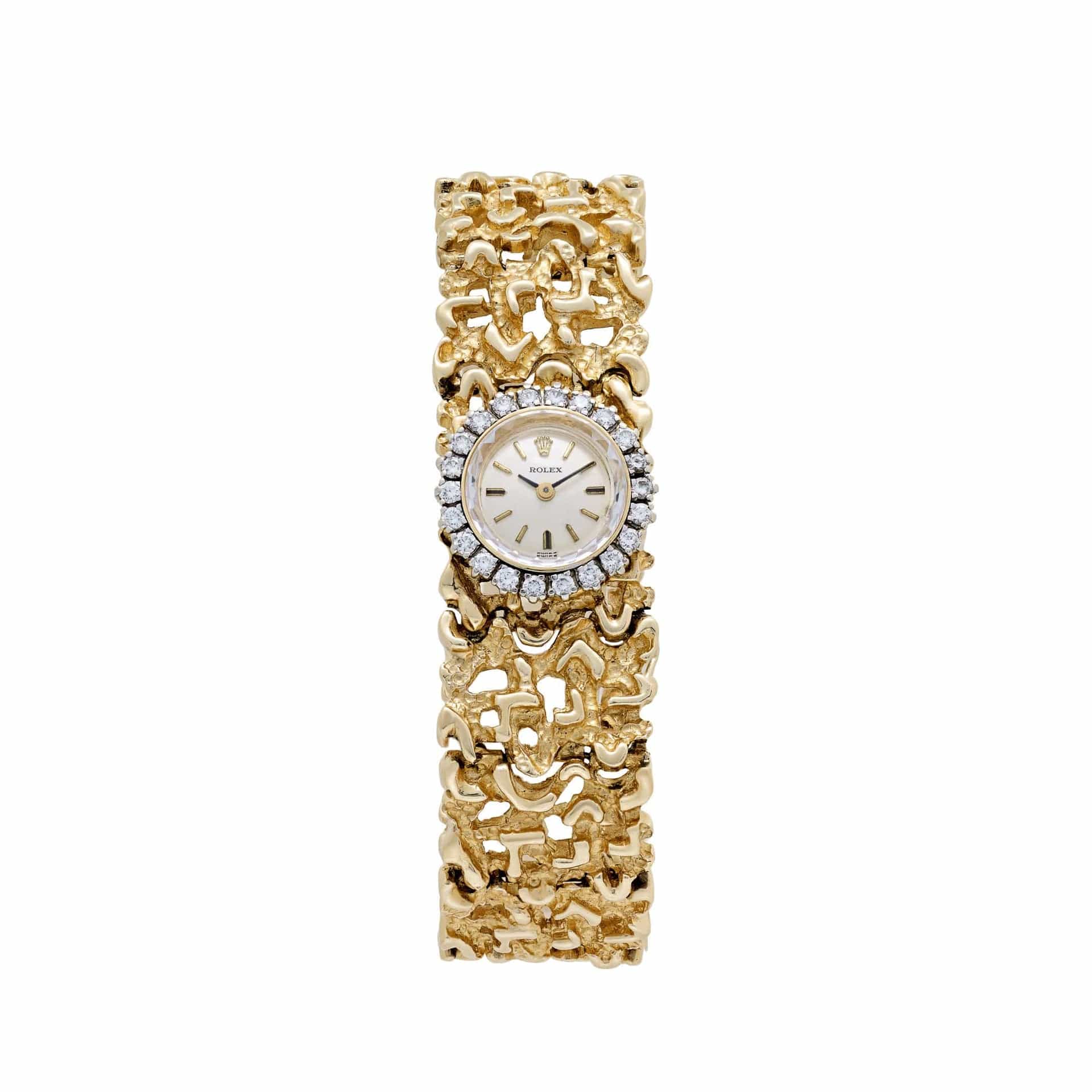 Rolex 'Ladies' Vintage Cocktail Watch 8300 Yellow Gold Champagne Dial Diamond Bezel Nugget Filigree Style Mesh Bracelet