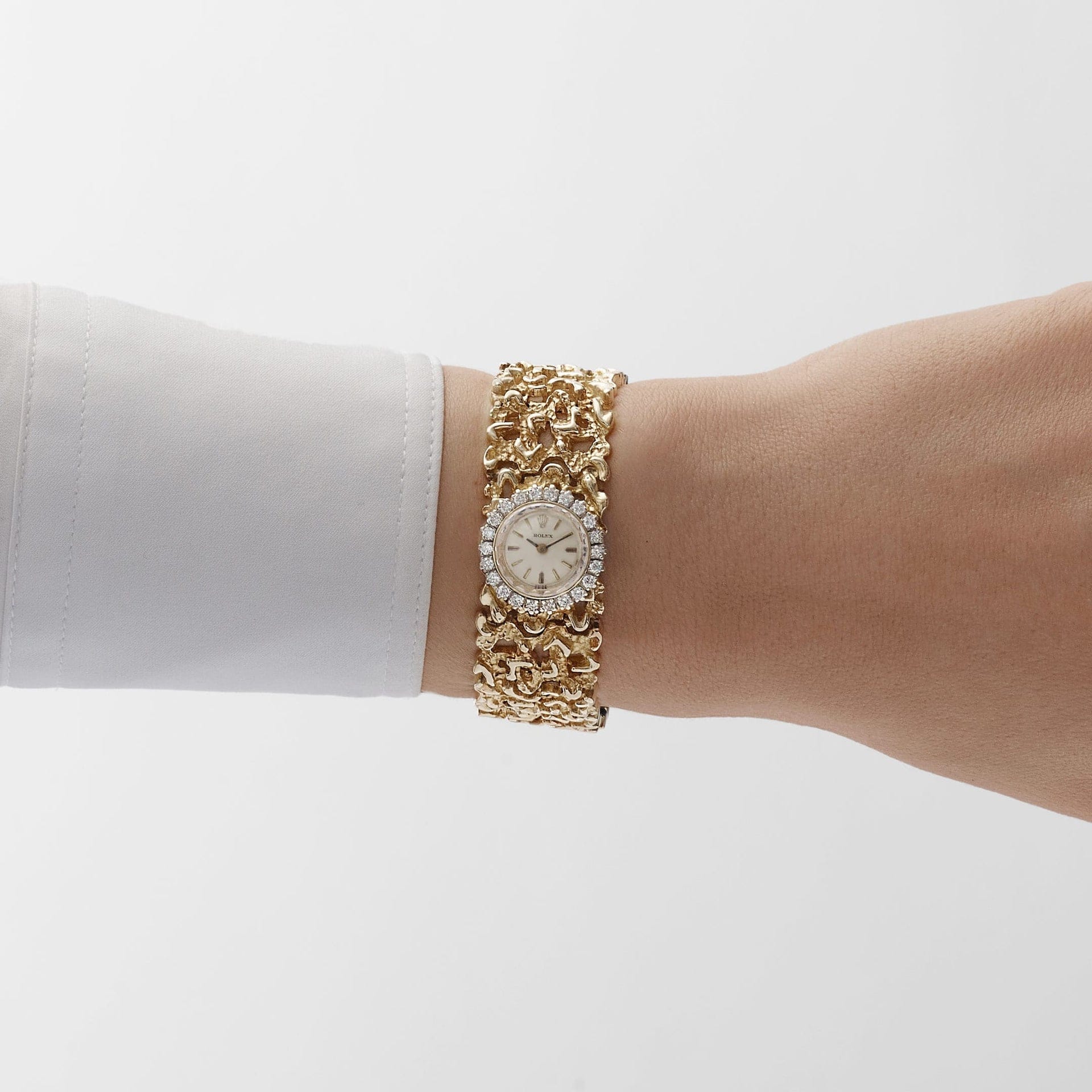 Rolex 'Ladies' Vintage Cocktail Watch 8300 Yellow Gold Champagne Dial Diamond Bezel Nugget Filigree Style Mesh Bracelet