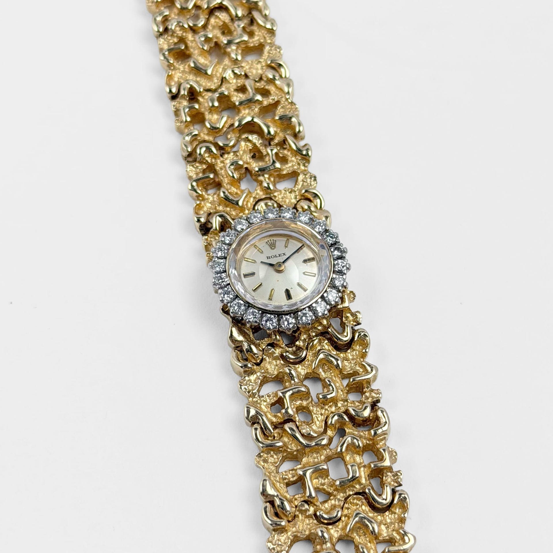 Rolex 'Ladies' Vintage Cocktail Watch 8300 Yellow Gold Champagne Dial Diamond Bezel Nugget Filigree Style Mesh Bracelet