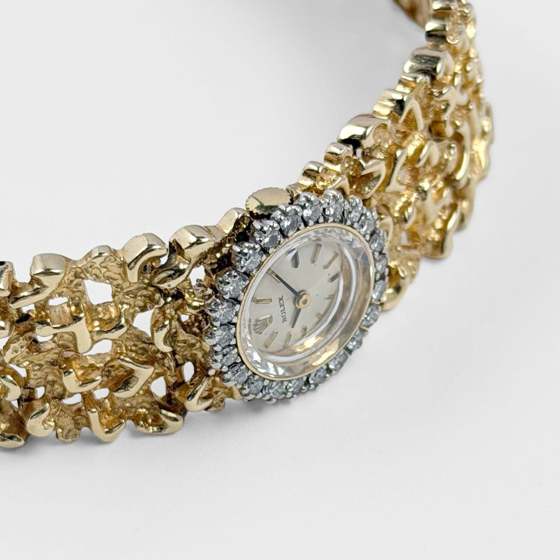 Rolex 'Ladies' Vintage Cocktail Watch 8300 Yellow Gold Champagne Dial Diamond Bezel Nugget Filigree Style Mesh Bracelet