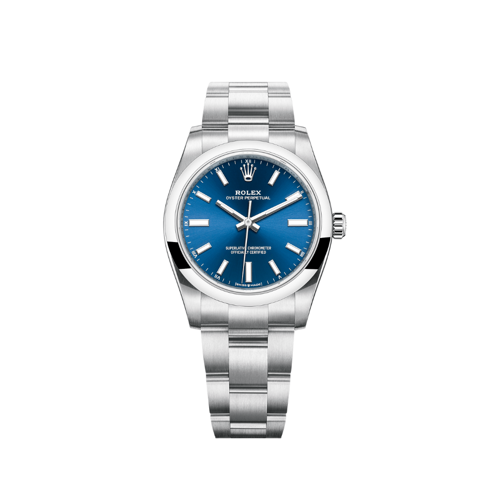 Luxury Watch Rolex Oyster Perpetual 34 Blue Dial 124200 Wrist Aficionado