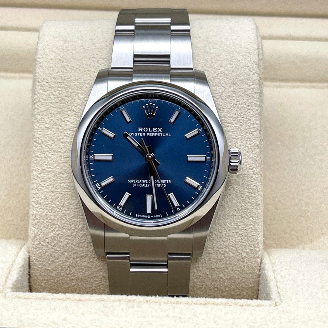 Luxury Watch Rolex Oyster Perpetual 34 Blue Dial 124200 Wrist Aficionado