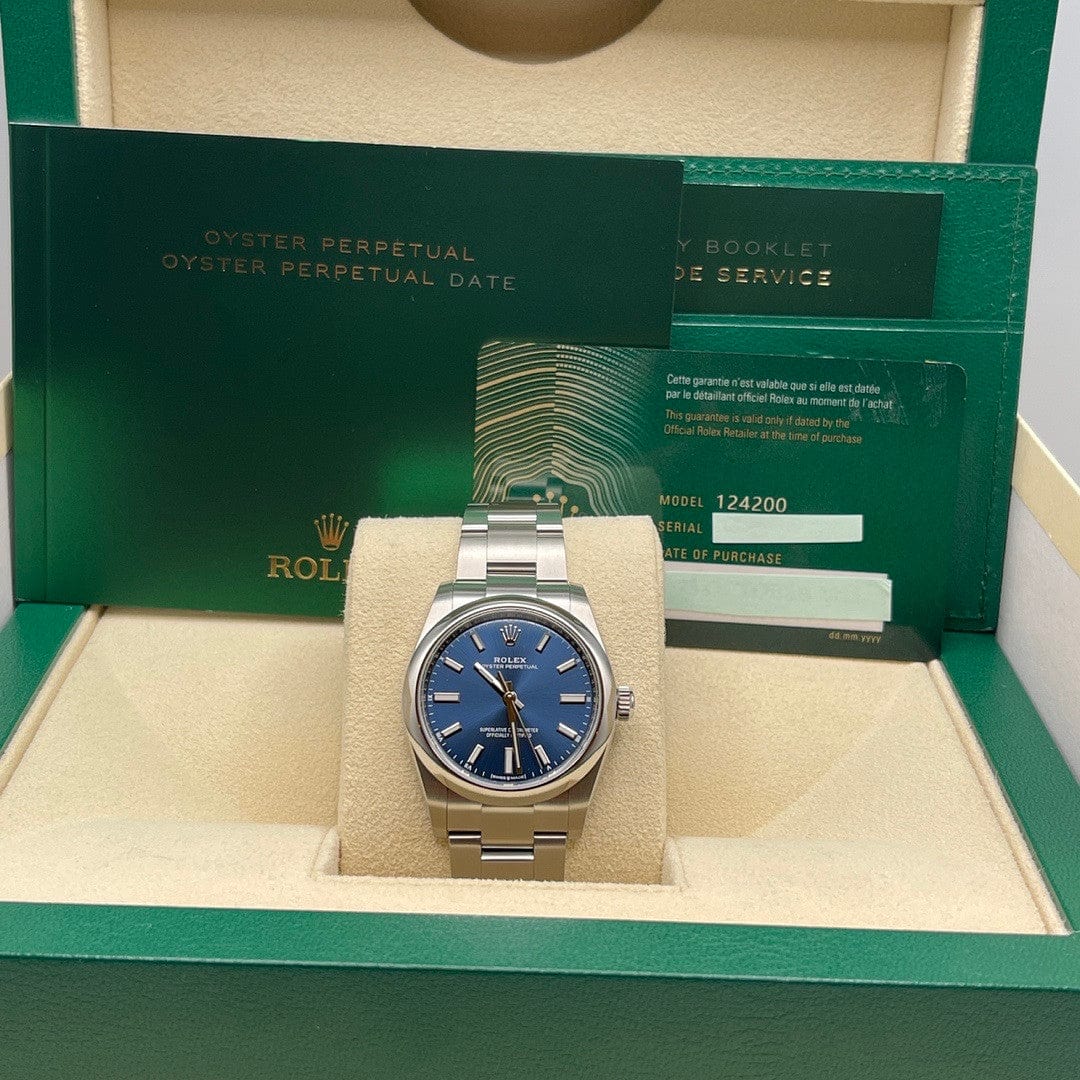 Luxury Watch Rolex Oyster Perpetual 34 Blue Dial 124200 Wrist Aficionado