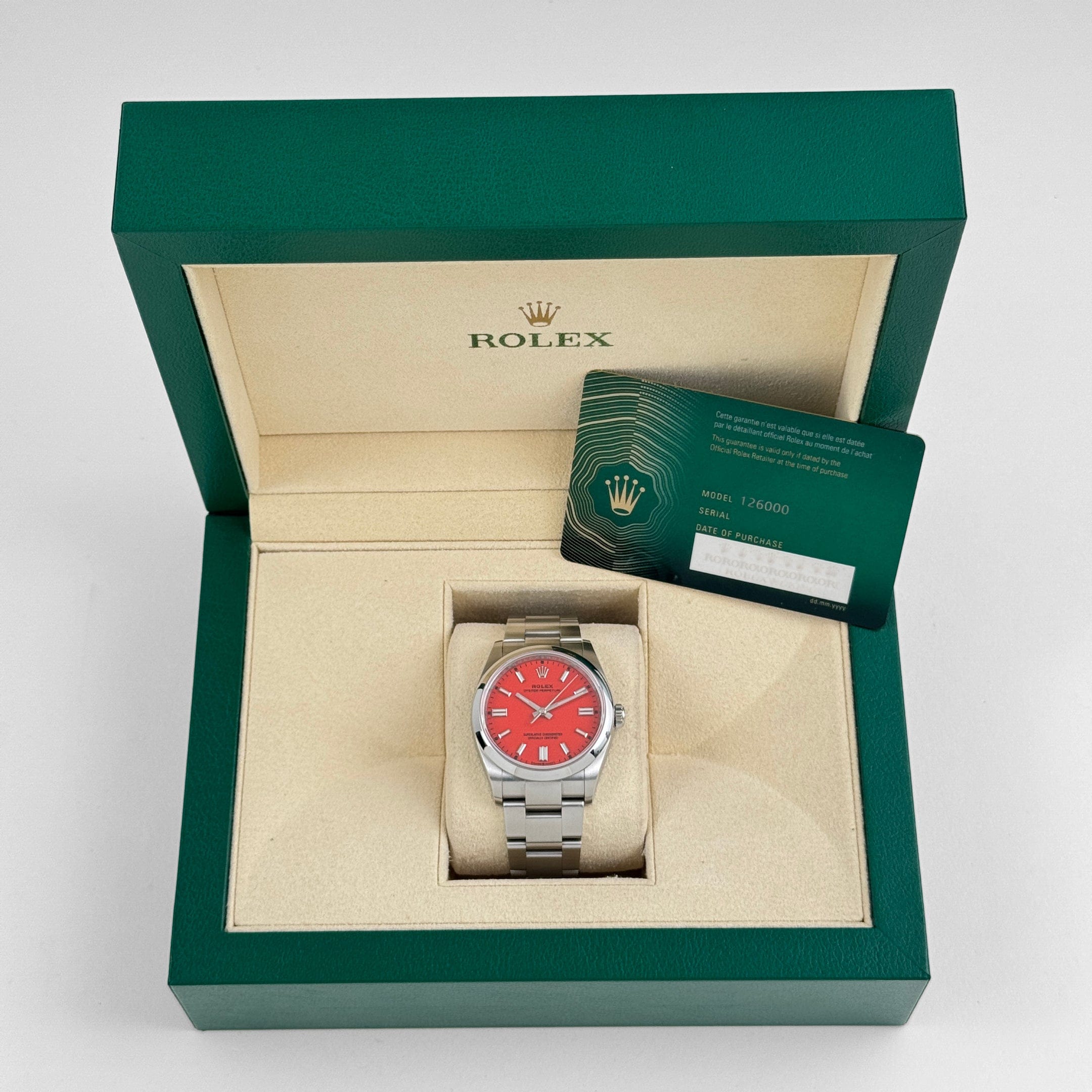 Rolex Oyster Perpetual 36 126000 Stainless Steel Coral Red Dial (2020)