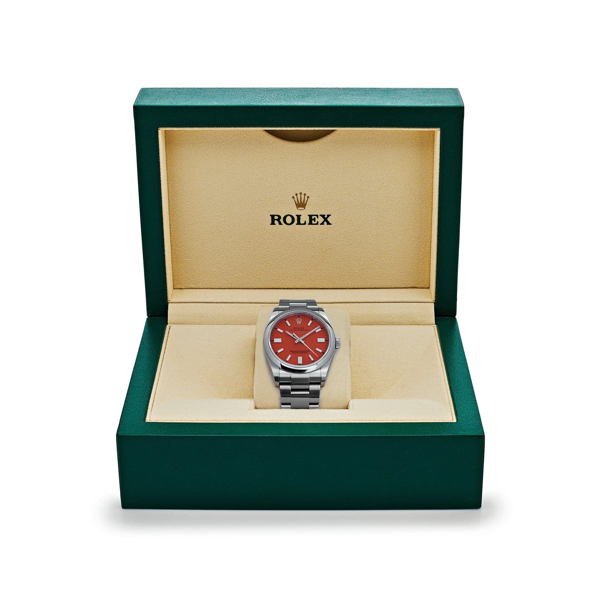 Rolex Oyster Perpetual 36 126000 Stainless Steel Coral Red Dial