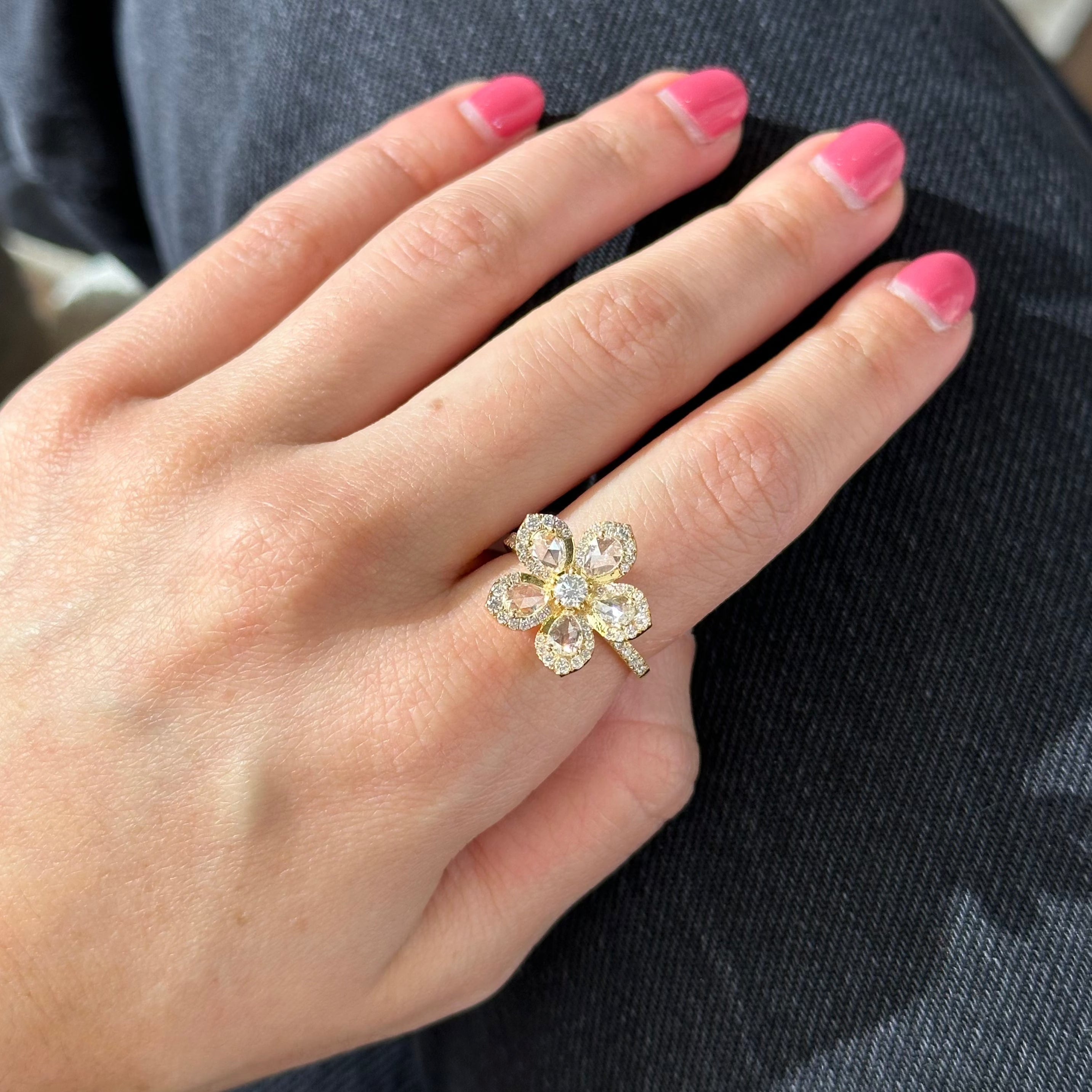 Rose-Cut Diamond Flower Ring in Yellow Gold
