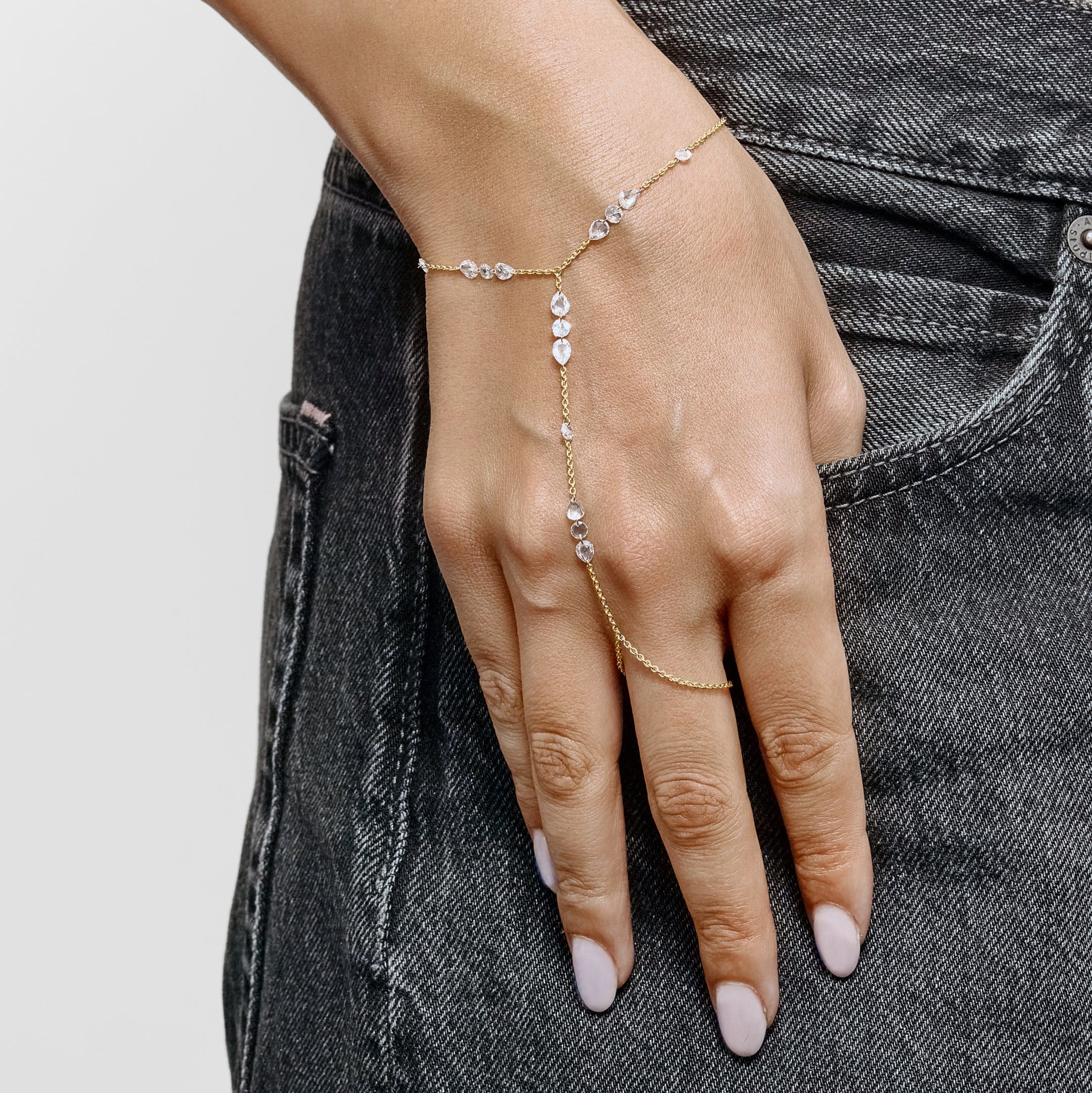 Rose Cut Diamond Hand Chain in Yellow Gold