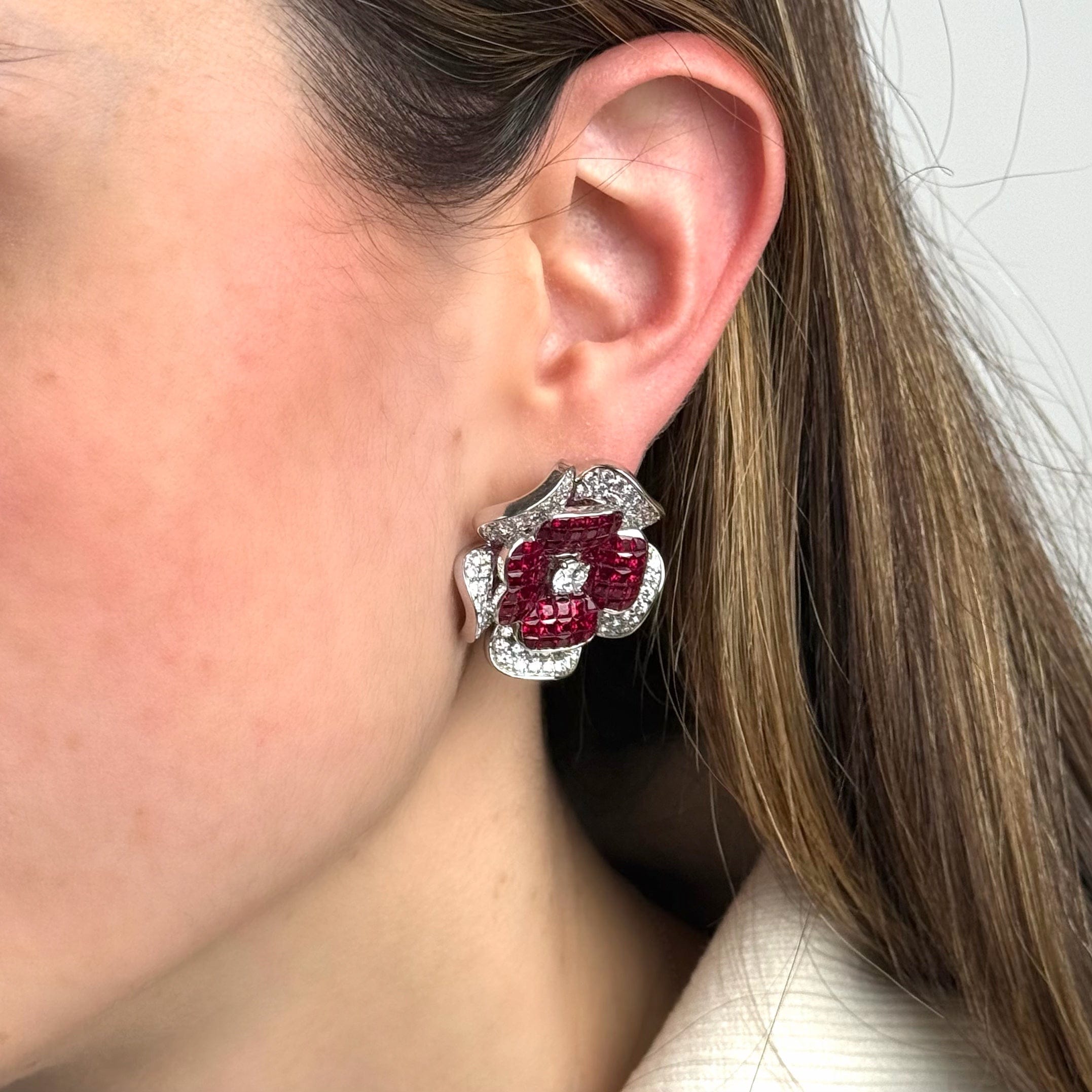 Ruby and Diamond Flower Earrings