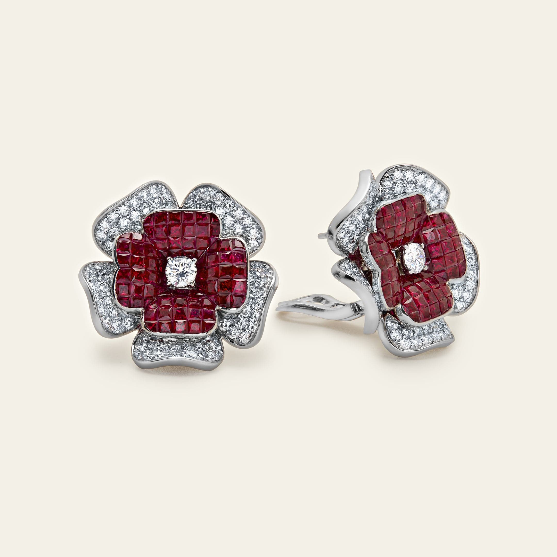 Ruby and Diamond Flower Earrings
