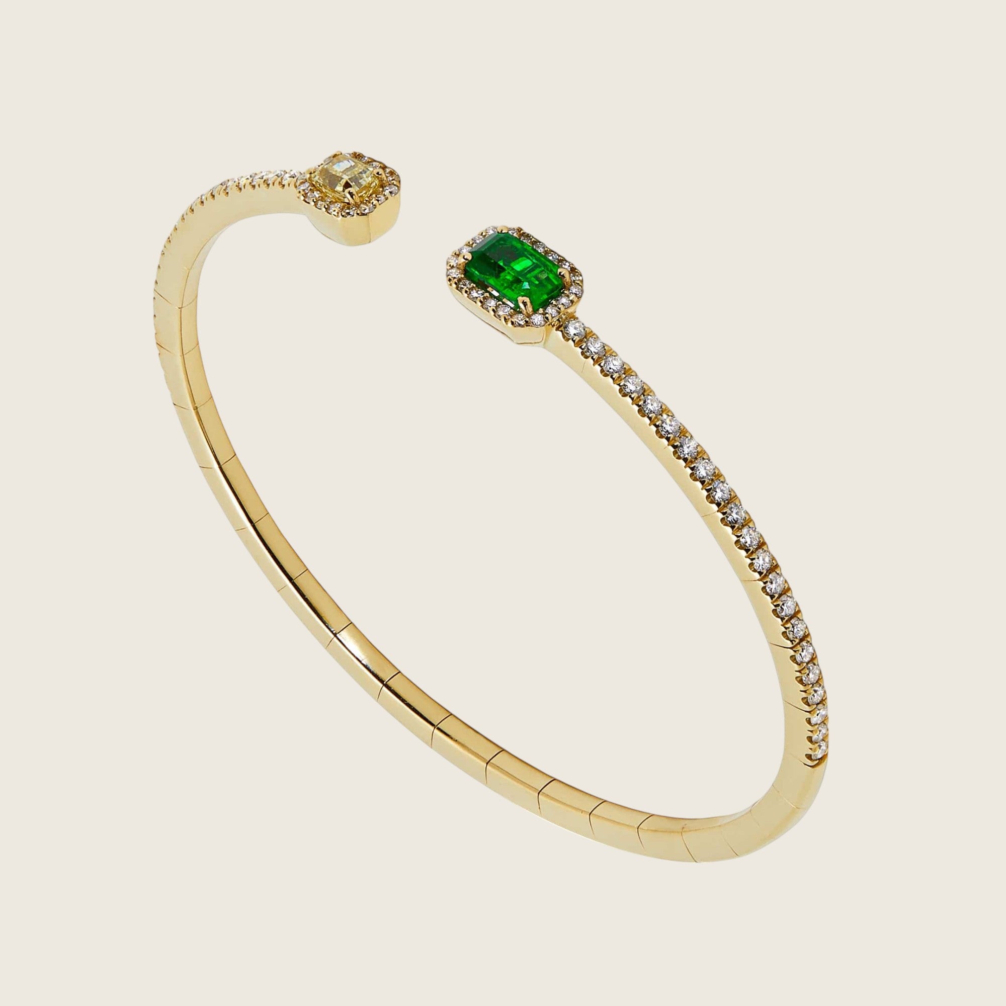 Yellow Diamond and Emerald Flexible Open Bangle