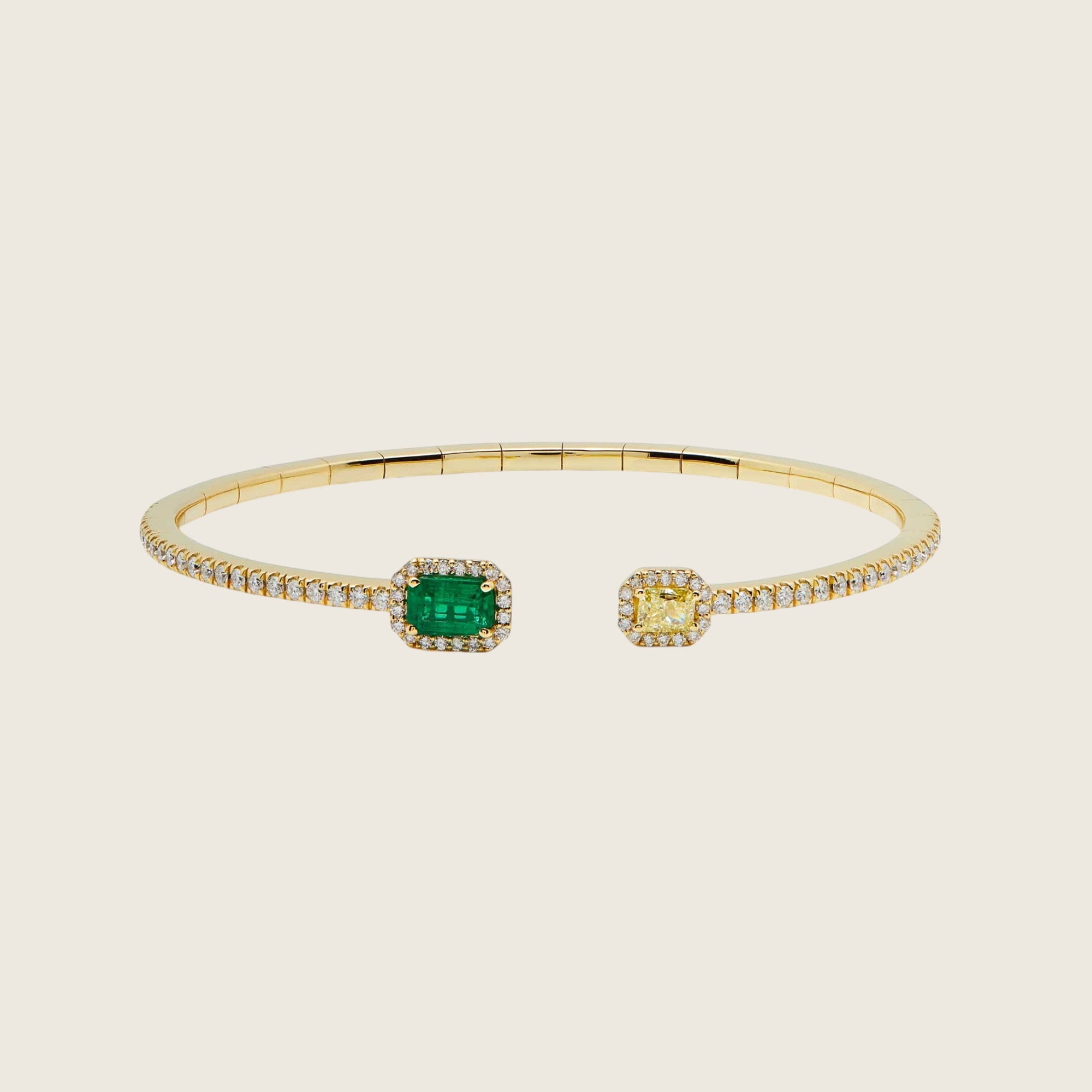 Yellow Diamond and Emerald Flexible Open Bangle